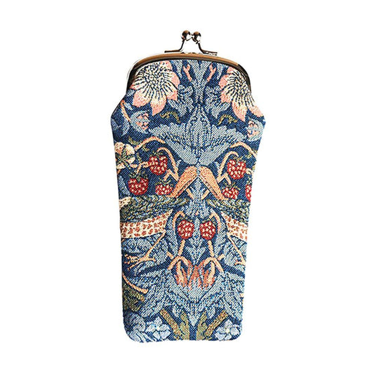 William Morris Strawberry Thief tapestry glasses case UK featuring iconic thrushes and fruit design in rich indigo blue