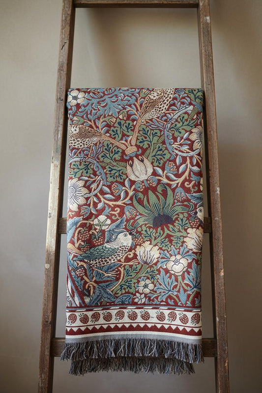 William Morris tapestry throw close-up Jacquard weave fringe detail