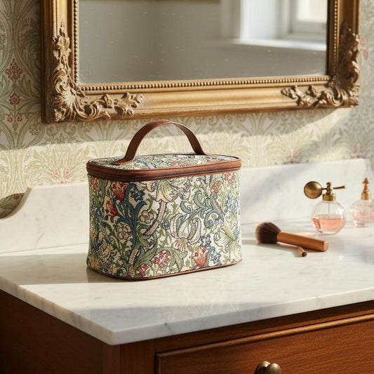 William Morris toiletry bag white marble vanity elegant Arts Crafts bathroom
