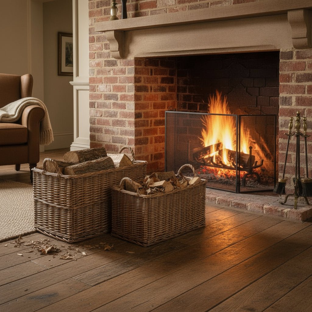 Two Willowmere wicker baskets in antique wash with hessian lining, storing logs and kindling beside open fire