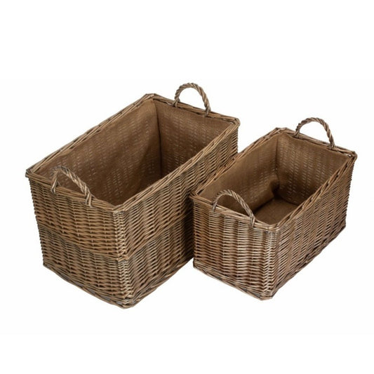 Two Willowmere wicker baskets in antique wash with hessian lining, open top view on blank background