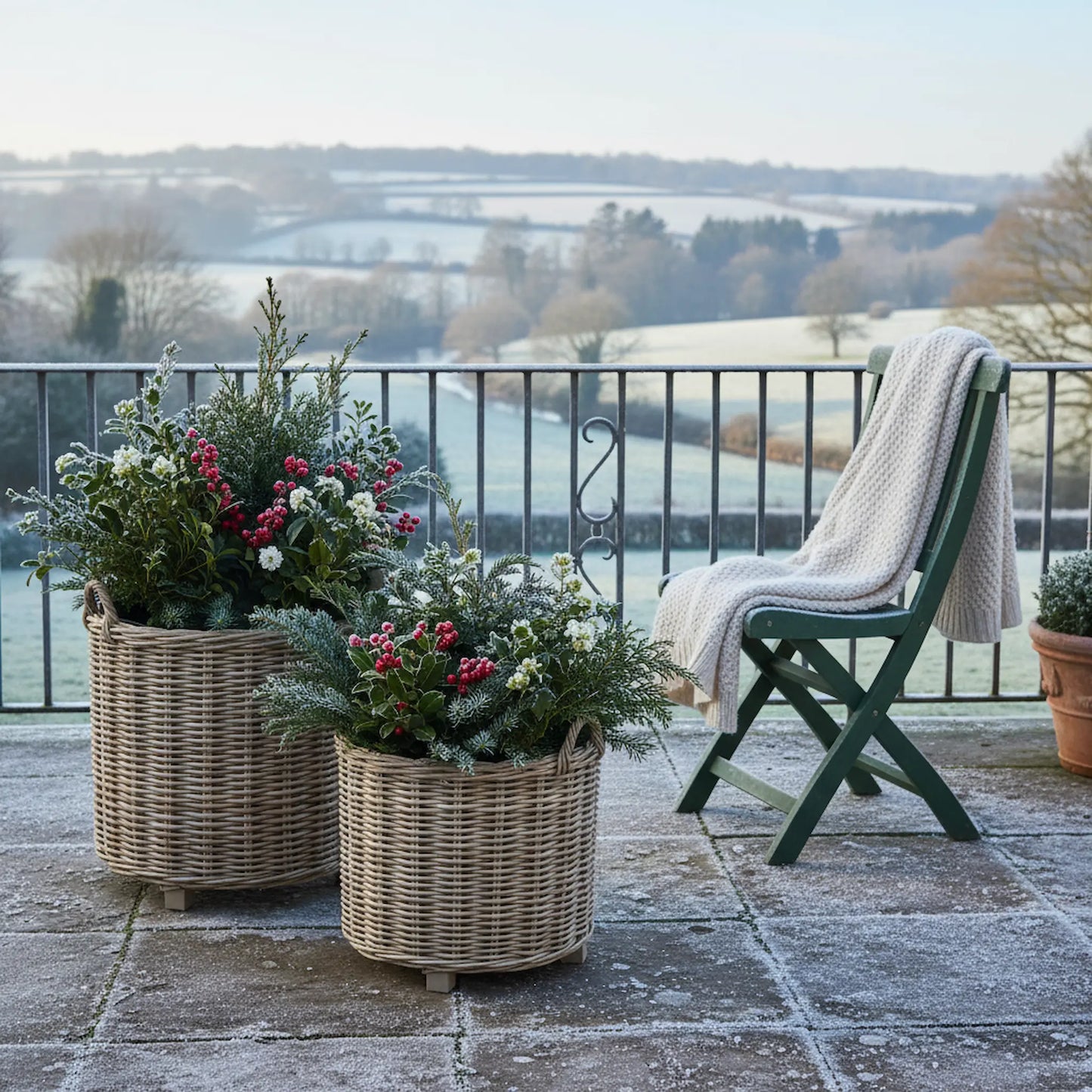 Winter terrace grey rattan planters evergreen foliage frost morning UK countryside home