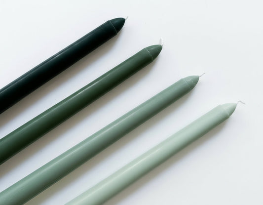 Woodland taper candles 4 rustic scented green close view showing texture and colour