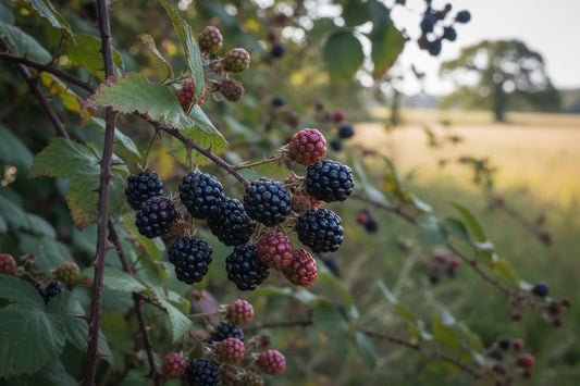 Blackberries ripening UK hedgerow dark purple berries August summer foraging scene
