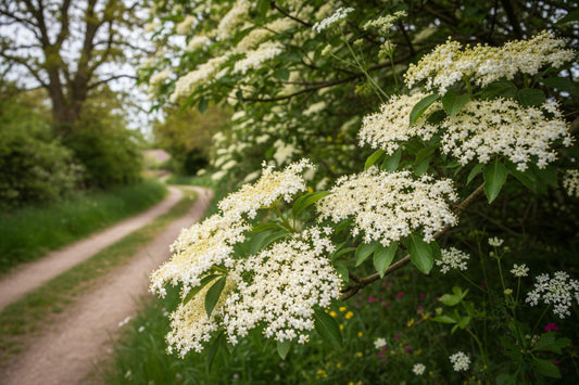 Elderflower blossoms creamy white umbels UK hedgerow May spring foraging scene