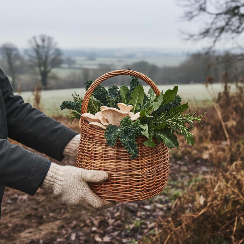Hands holding foraged winter greens in wicker basket UK countryside February
