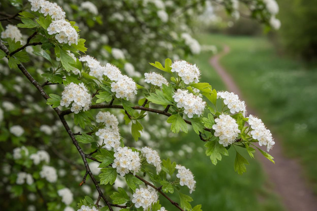 Hawthorn blossom white flowers UK hedgerow April spring foraging countryside