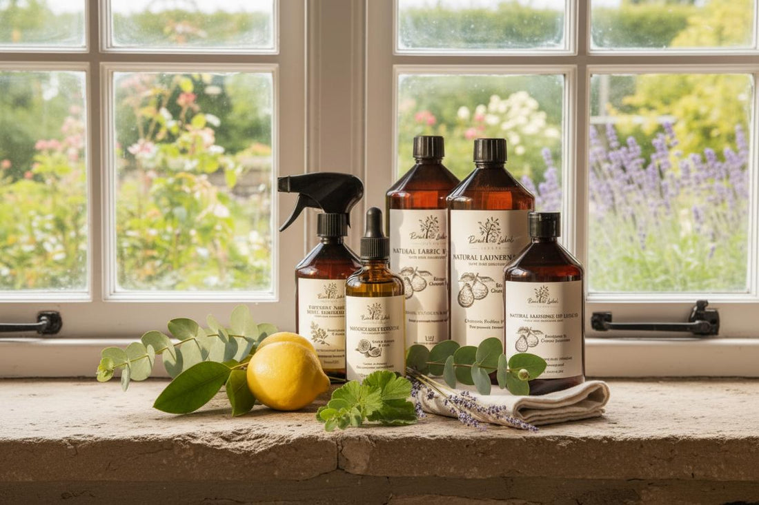 Natural plant-based cleaning products arranged on a flagstone windowsill – country home cleaning range UK