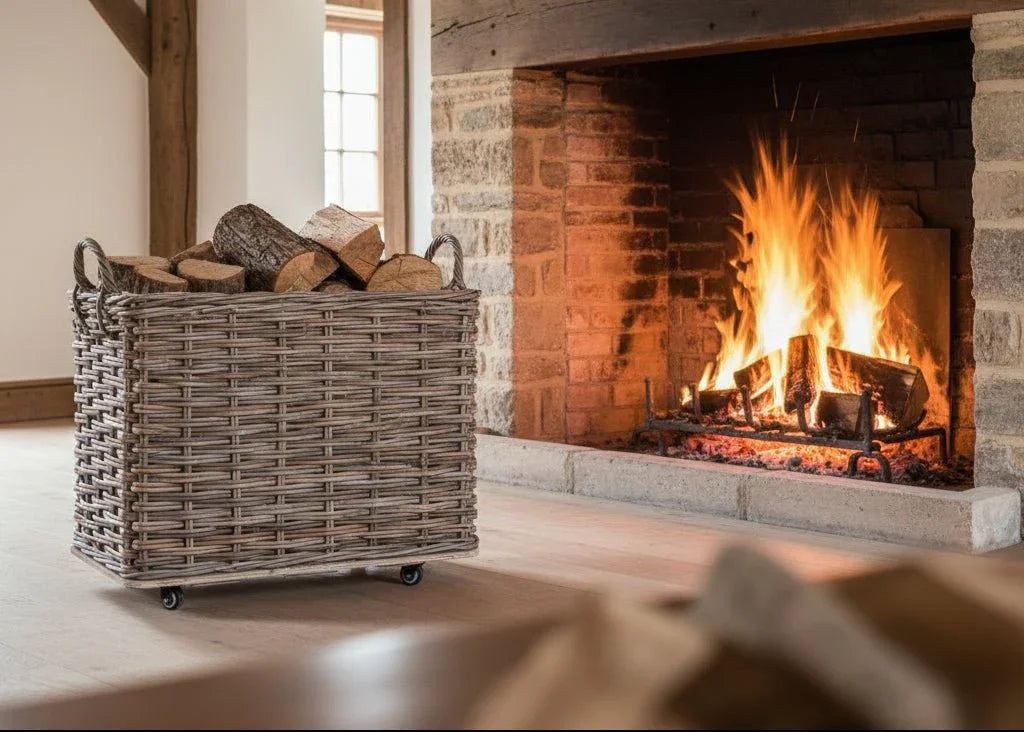 Wheeled rattan log basket filled with firewood placed near a lit brick fireplace in a cozy room