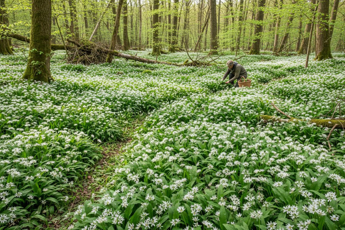 Wild garlic carpet covering UK woodland floor white flowers March spring foraging