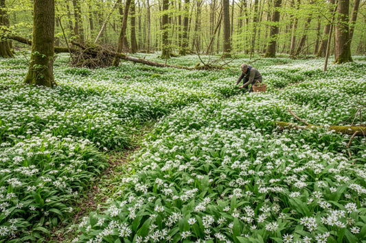 Wild garlic carpet covering UK woodland floor white flowers March spring foraging