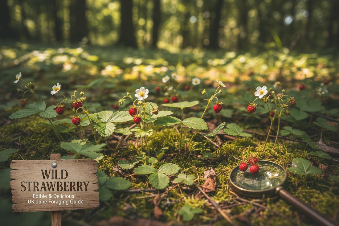 Wild strawberries growing UK woodland tiny red berries June summer foraging scene