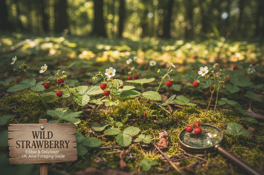 Wild strawberries growing UK woodland tiny red berries June summer foraging scene