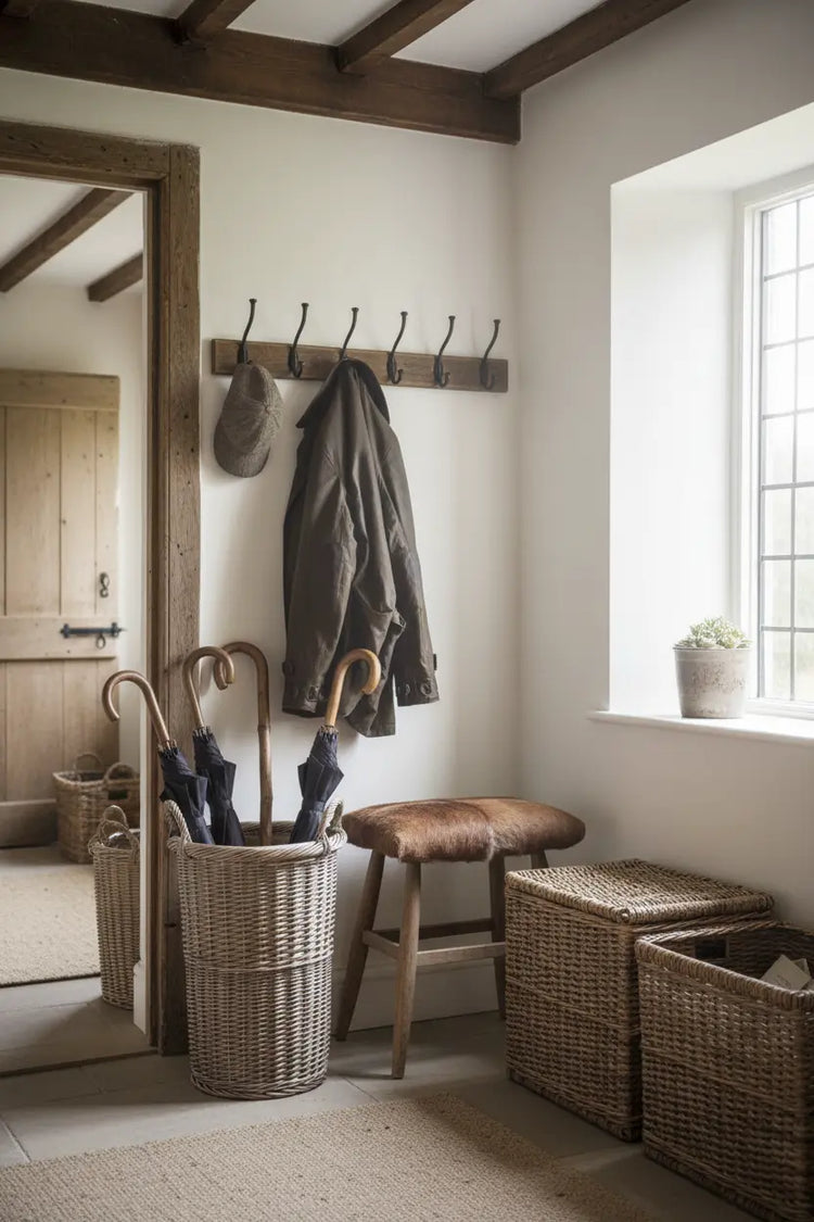 Hallway Bootroom Storage UK - willow umbrella stand wicker baskets cottage entrance heritage charm