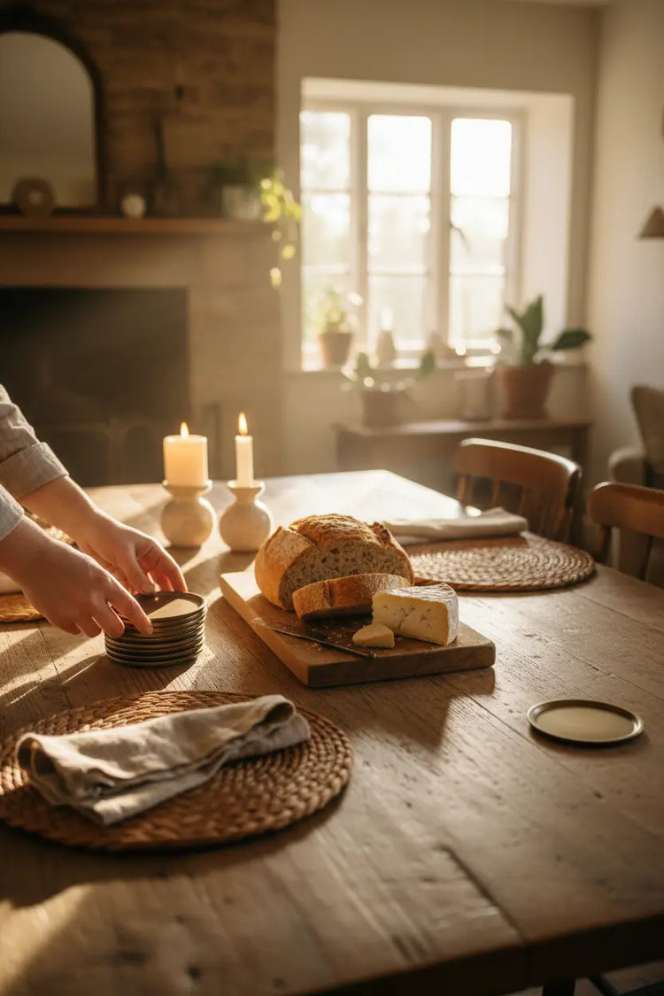 Kitchen Dining Tableware UK - hands setting cottage table brass coasters linen napkins oak board