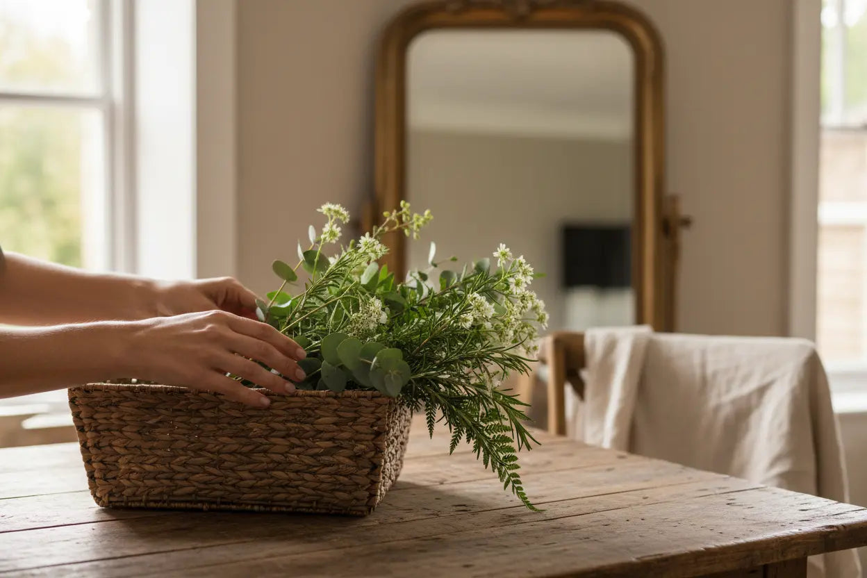 What's New cottage homeware UK - hands styling wicker basket with fresh botanicals