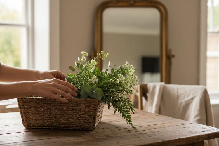 What's New cottage homeware UK - hands styling wicker basket with fresh botanicals