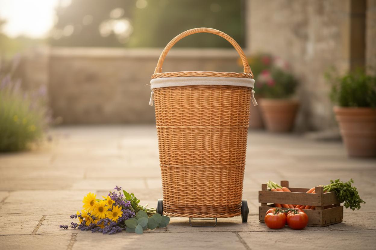 Wicker shopping trolley with wheels for market errands countryside UK