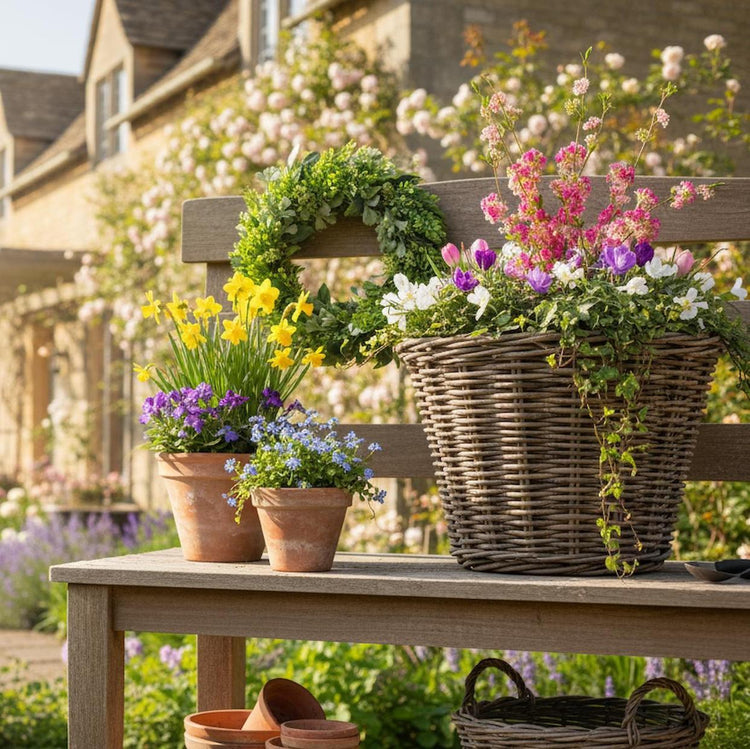 Spring summer wicker planters garden trugs and wreath cottage homeware UK
