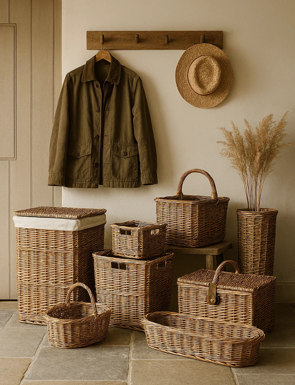 Woven wicker baskets in various shapes and sizes arranged indoors with a brown jacket hanging and a straw hat on wooden hooks