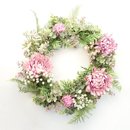 45cm pink chrysanthemum wreath natural woven base artificial UK door wreath