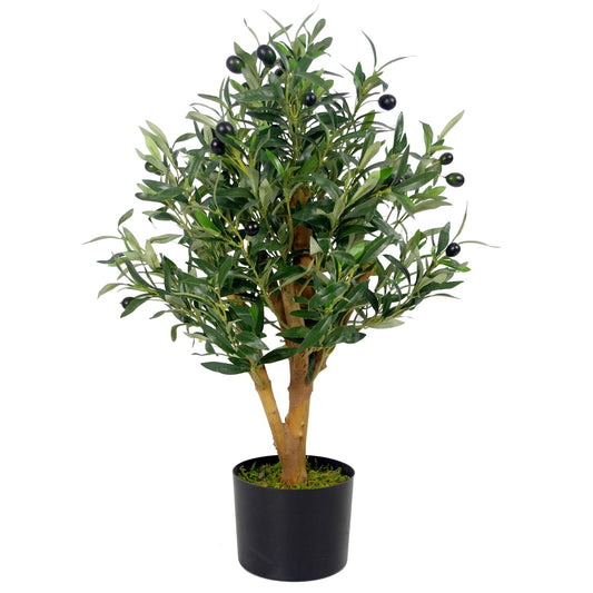65cm artificial olive tree with realistic silver-green leaves and black olives in moss-covered pot