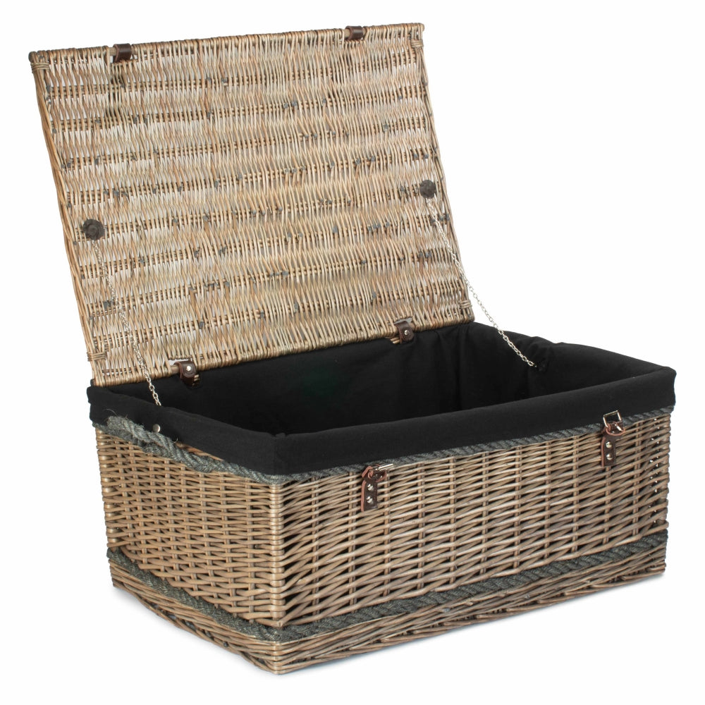 Willow storage basket 72cm black cotton lining leather handles UK