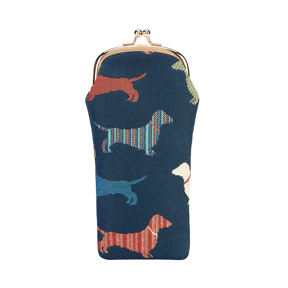 Dachshund tapestry glasses pouch on blank background, 55cm case, eco‑friendly spectacle holder, UK countryside style