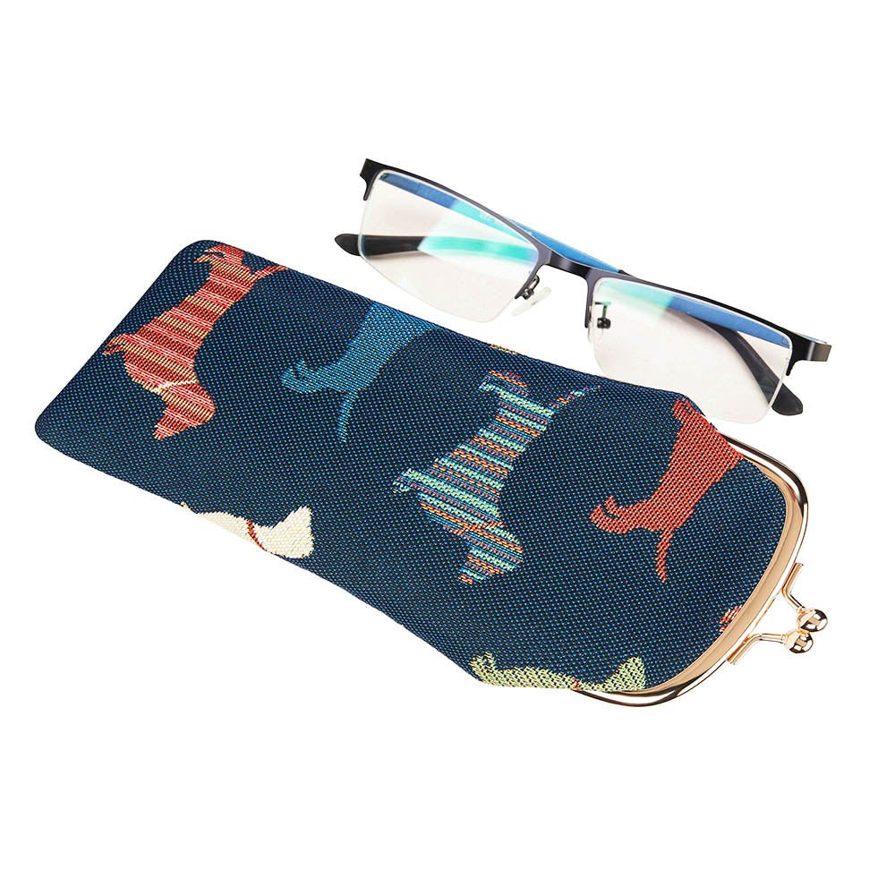 Dachshund tapestry glasses pouch with spectacles beside, eco‑friendly spectacle case, timeless countryside accessory, UK home style