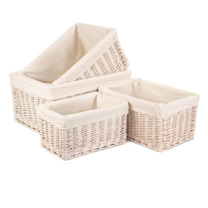 Edith Whitewash Keeper – set of two square whitewashed willow storage baskets with white cotton linings, shown side by side to display tiered sizing and rustic charm.