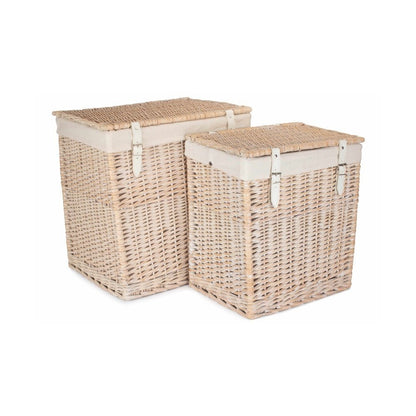 Edith’s Washday Basket – white-washed wicker laundry hamper with faux leather straps and removable cotton lining, styled for timeless home storage and washday rituals.
