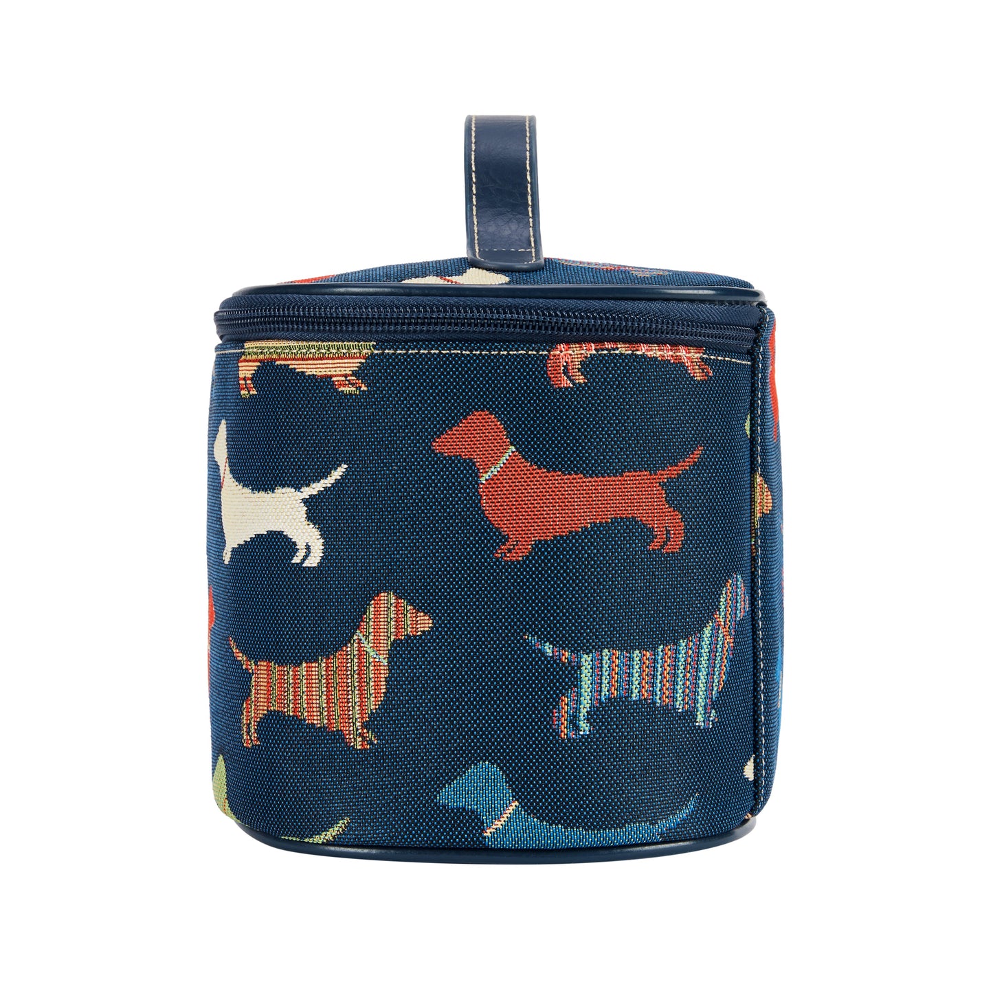 Heritage tapestry sausage dog wash bag UK with vegan leather trim and sturdy base
