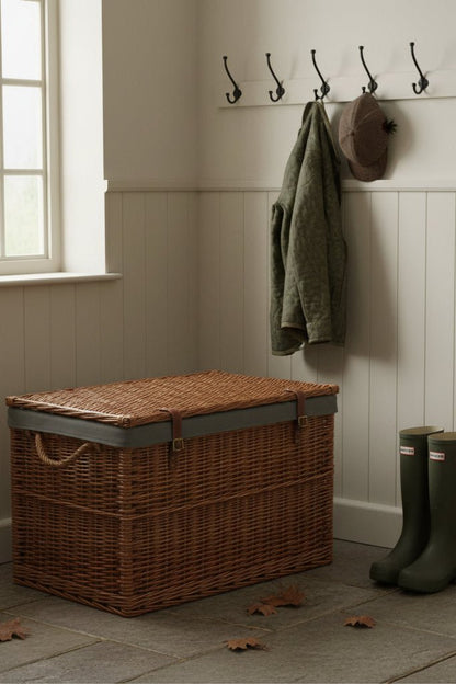 Wicker storage basket 75cm grey lining bootroom household storage UK