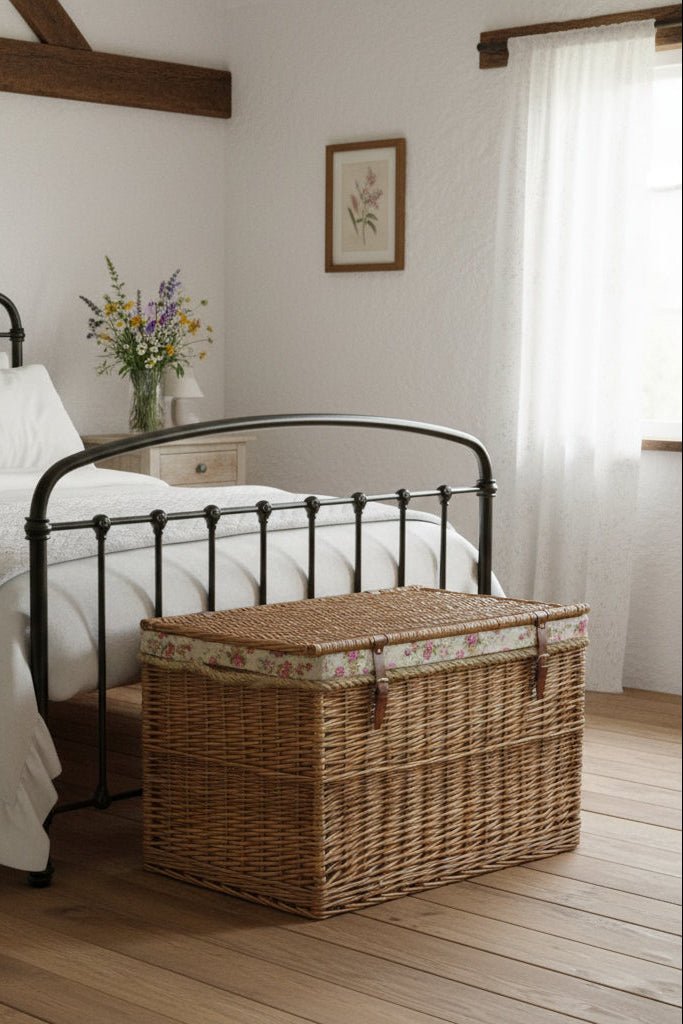 Large wicker basket rose lining foot of bed farmhouse bedroom UK