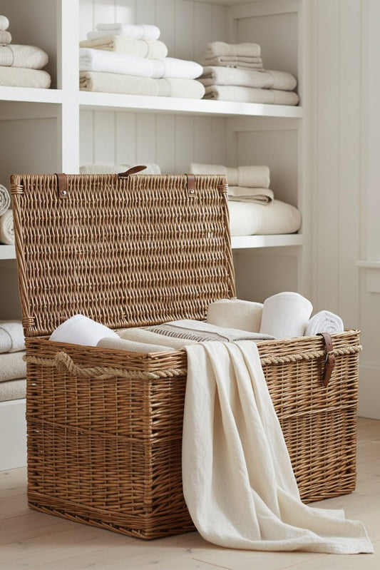Large wicker basket unlined laundry room folded linen farmhouse UK