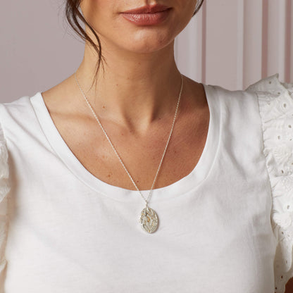 Laura Ashley Broadoak Locket Necklace model detail sterling silver yellow gold UK
