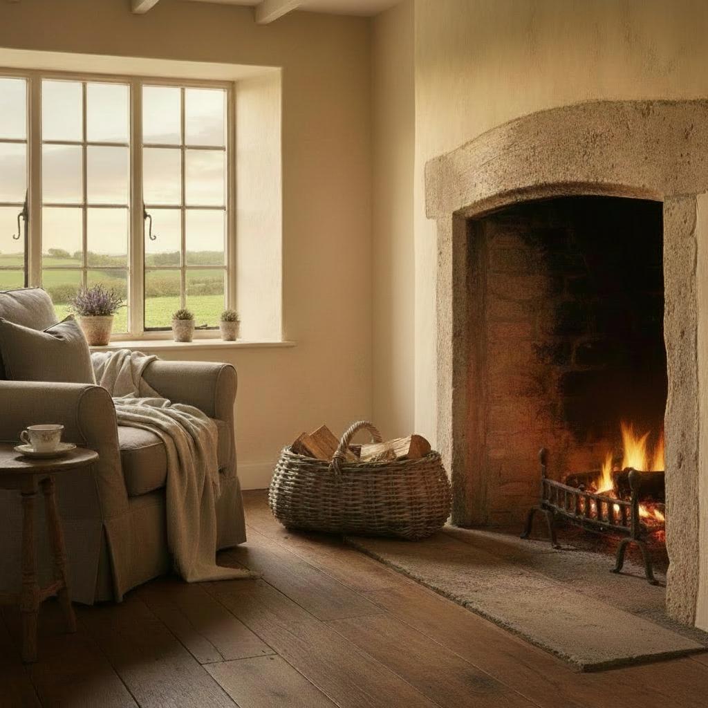Marketstead grey rattan log basket beside stone fireplace cottage interior UK
