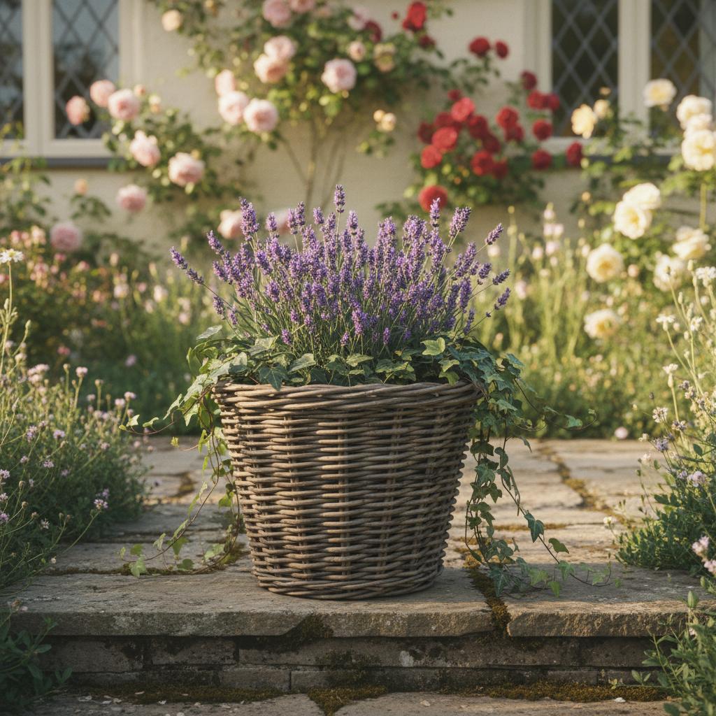 Rattan planter with lavender on cottage doorstep UK heritage home display