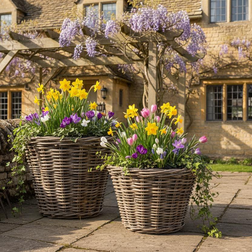 Tapered rattan planters with liner on cottage patio UK garden setting