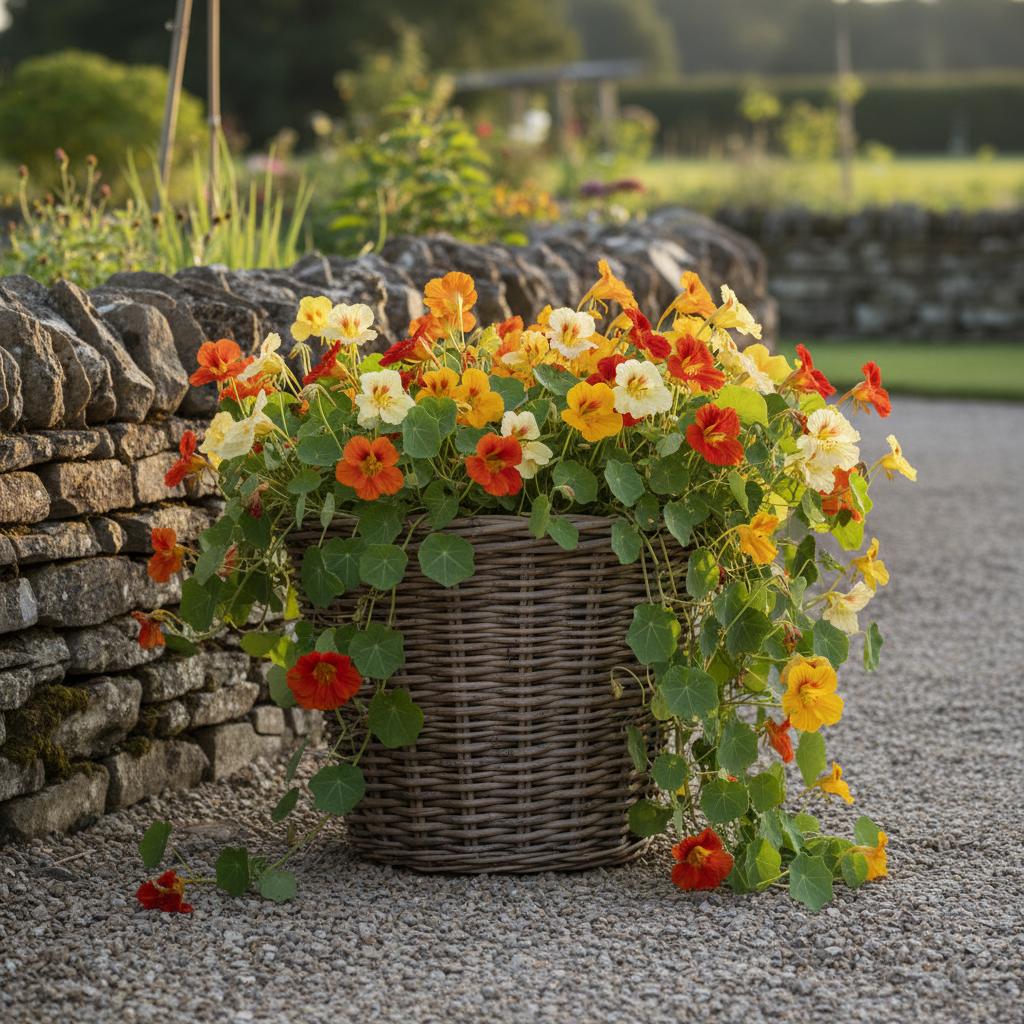 Tapered rattan planter with nasturtiums on gravel path UK cottage garden