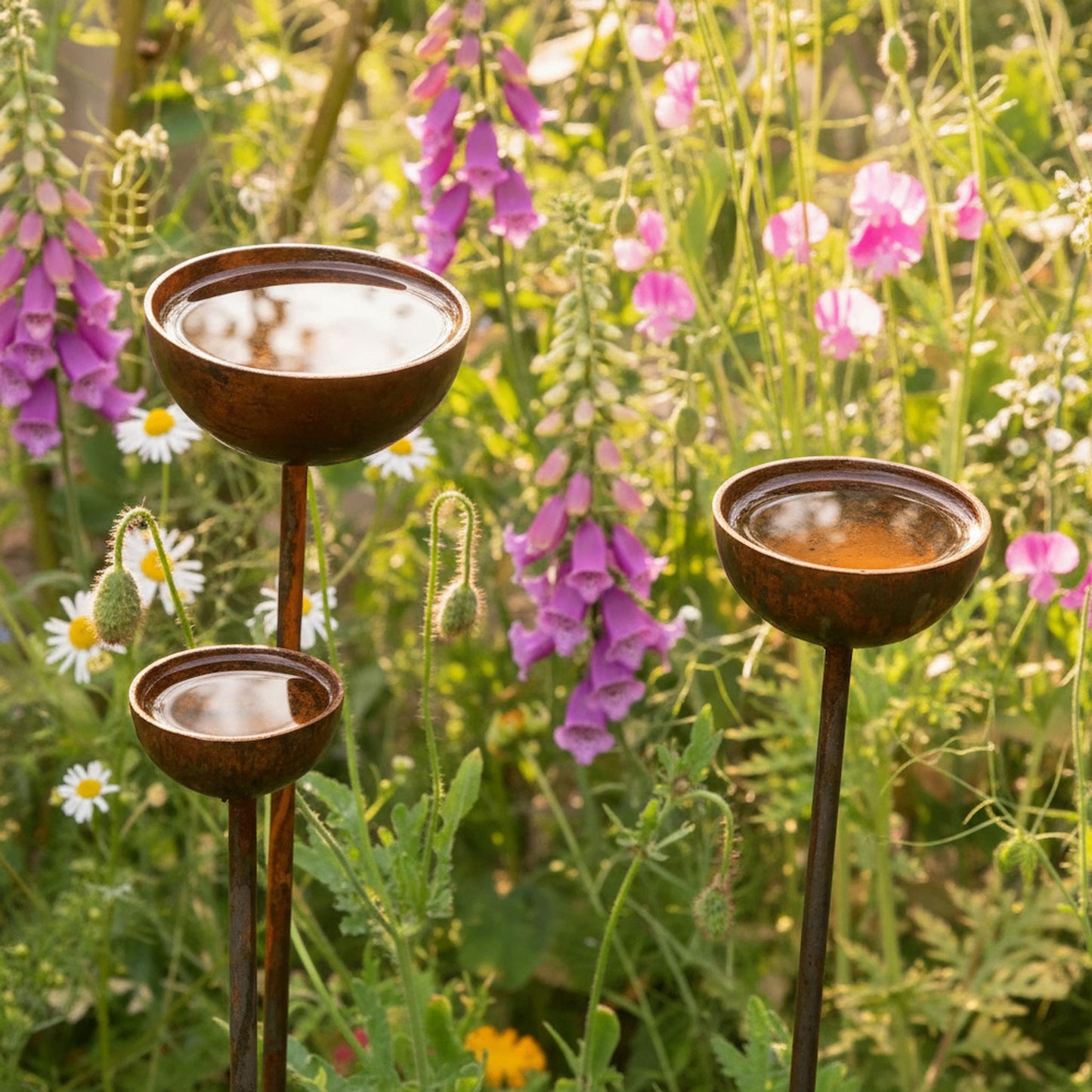 Rusty rain catcher trio garden stakes sculptural birdbath plant supports countryside UK