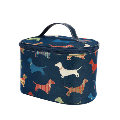 Sausage dog tapestry toiletry bag UK exterior angled view showing dachshund design detail

