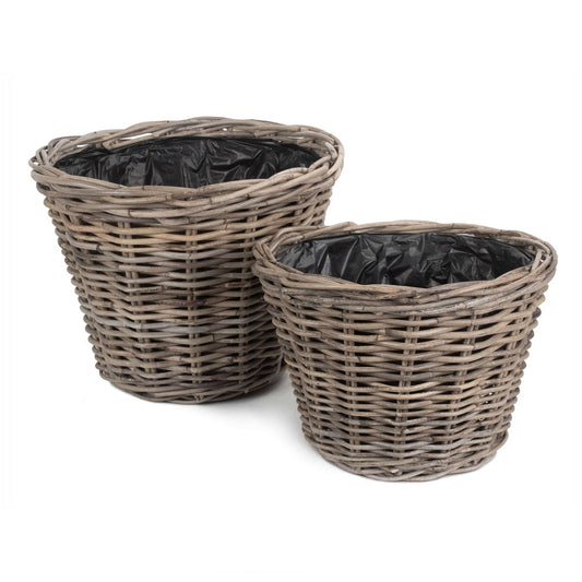 Handwoven tapered rattan planter with liner UK natural garden display