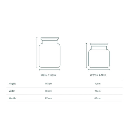 The Wetherby Amber Glass Storage Jar – apothecary-style jar in translucent amber glass with wide-mouth design, shown with dimensions for bath salts, cotton pads, or basin-side essentials