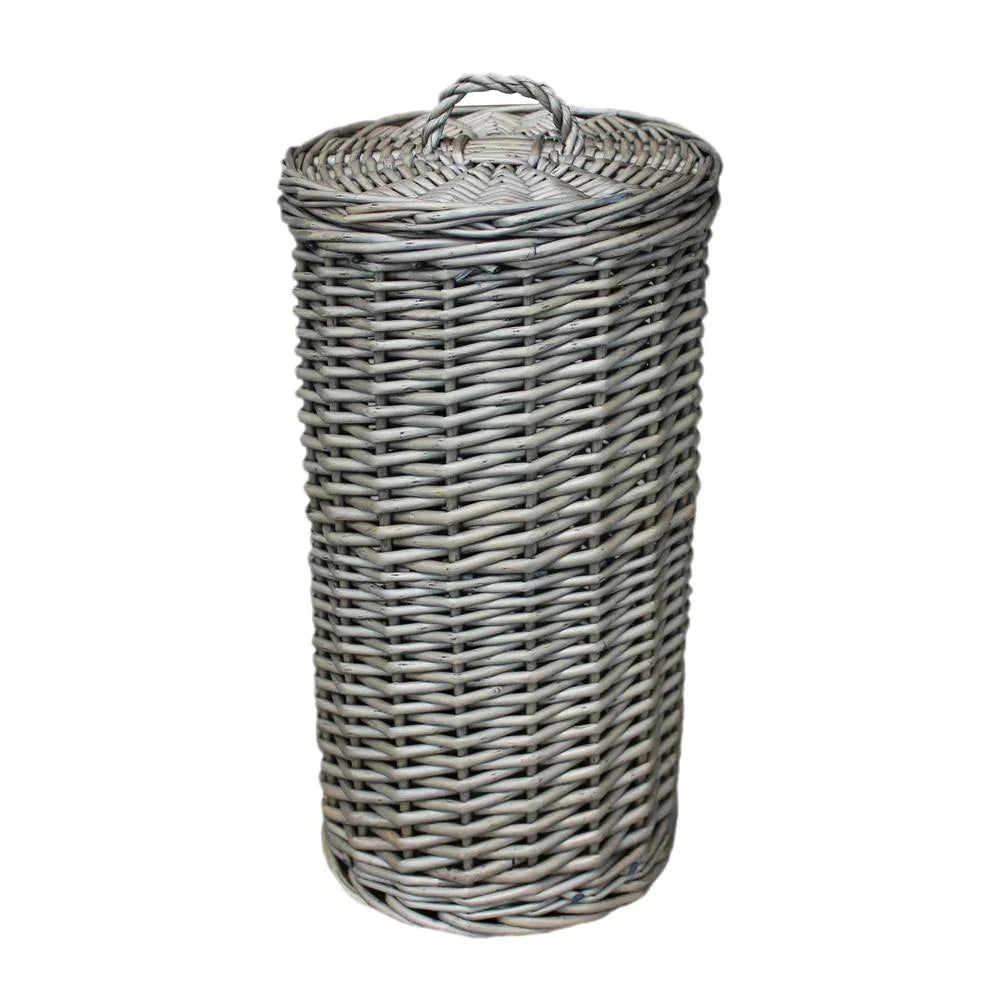 Round wicker toilet roll basket with lid and handle, designed for holding three rolls