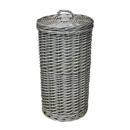 Round wicker toilet roll basket with lid and handle, designed for holding three rolls