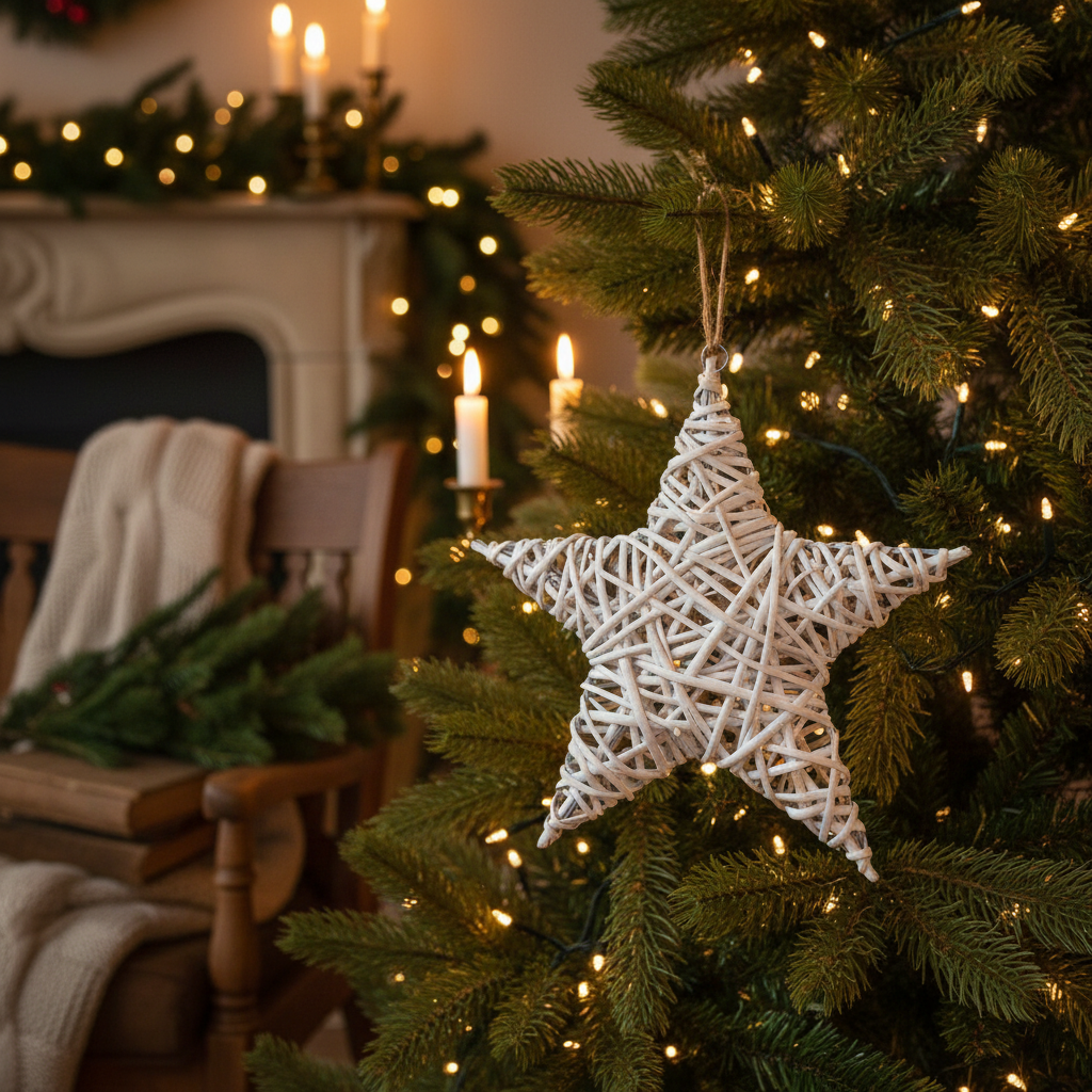 Whitewashed wicker star ornament hanging on a Christmas tree, rustic festive décor
