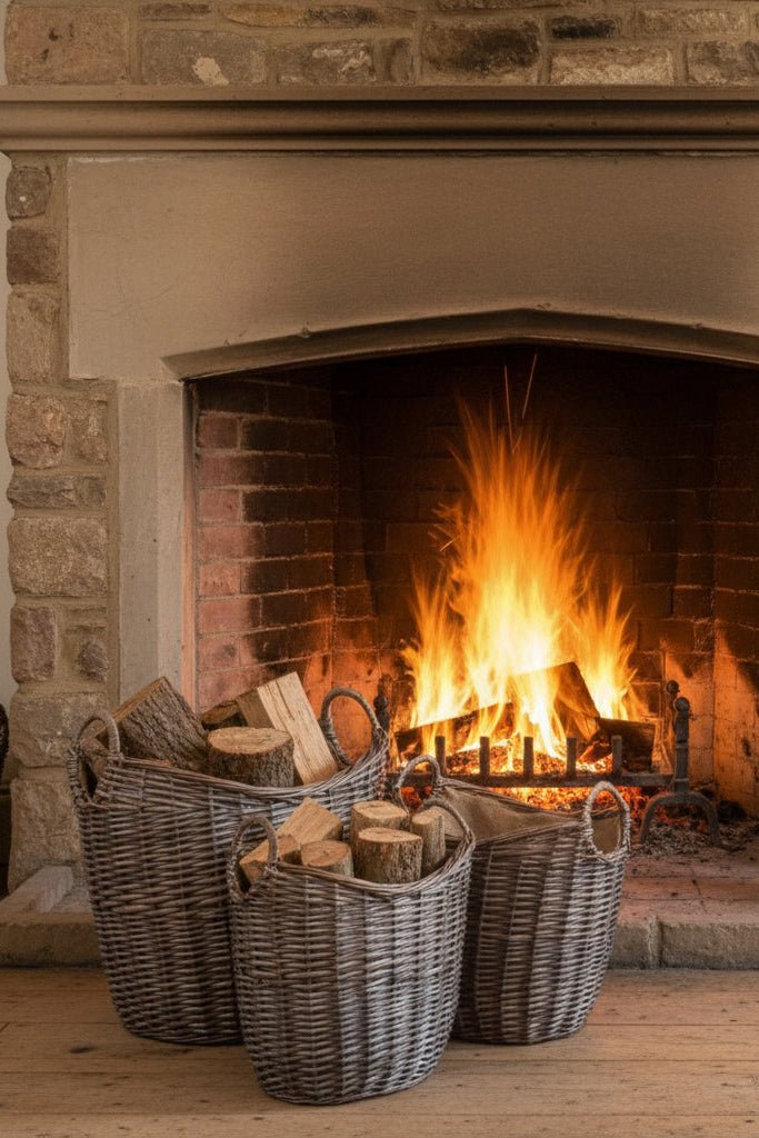 Set of 3 wicker log baskets with hessian lining beside fireplace — rustic, eco‑friendly fireside storage.