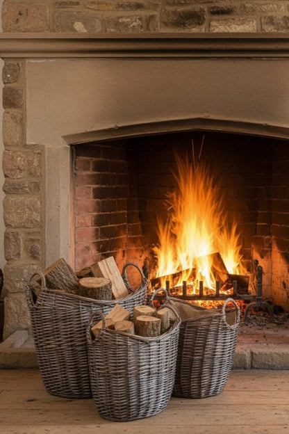 Set of 3 wicker log baskets with hessian lining beside fireplace — rustic, eco‑friendly fireside storage.