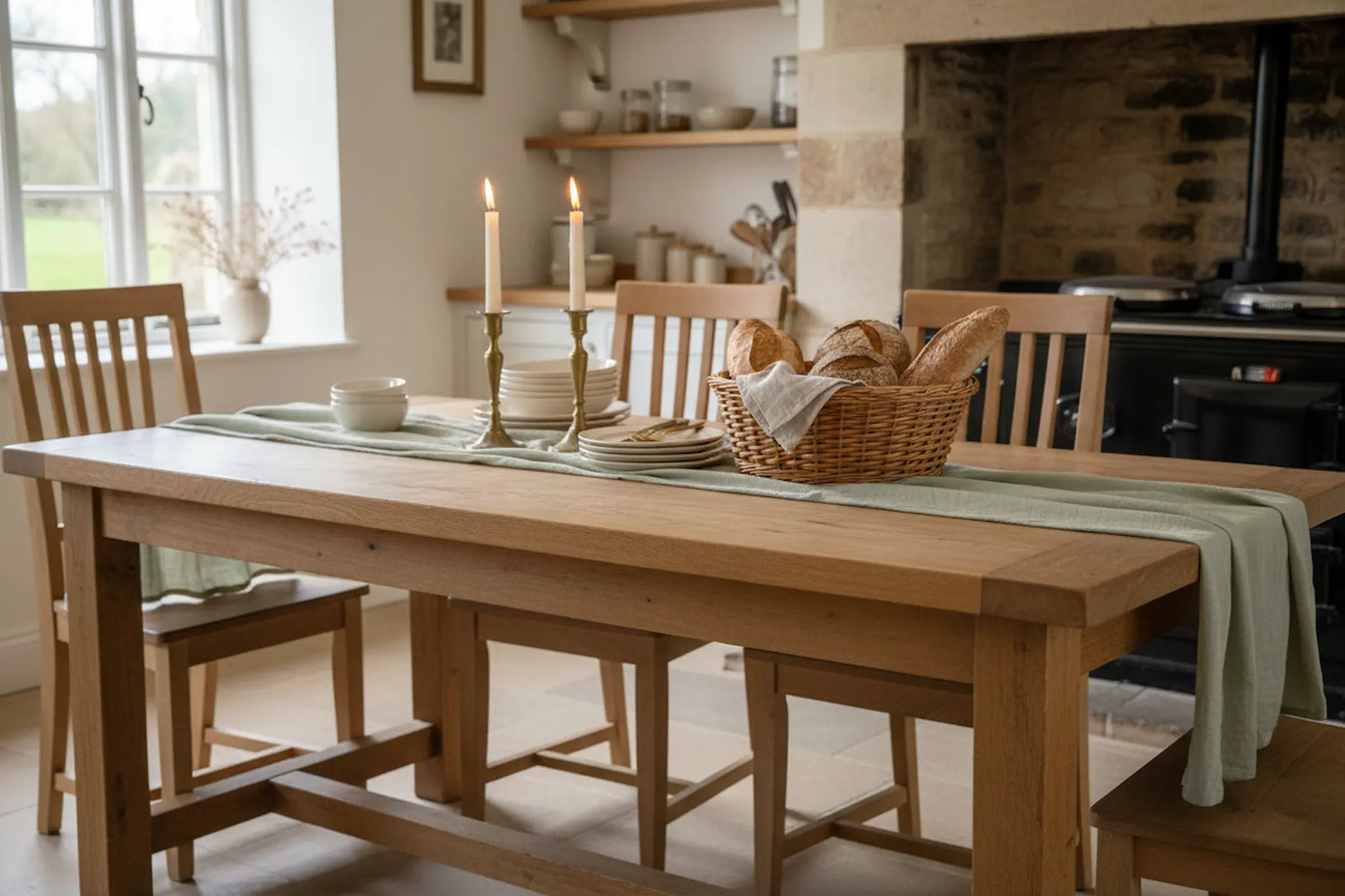 Willow green muslin cotton table runner 250cm styled on farmhouse dining table with brass candlesticks cottage kitchen UK